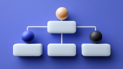 Abstract organizational chart design with colorful nodes and geometric shapes on a vibrant blue background, representing structure and teamwork dynamics