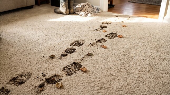 Dirty boot prints on a light-colored carpet, showing mud and leaves tracked inside. Messy house scene for cleaning problem concept and home disaster.