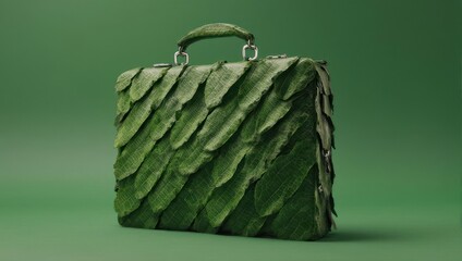 Eco-Friendly Green Briefcase Made of Leaves on Green Background.