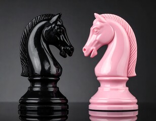 Two chess knights, black and pink, facing each other