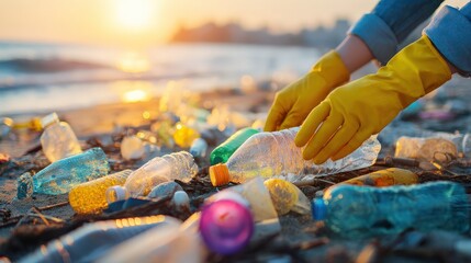 A person in yellow gloves picks up plastic bottles from a beach littered with waste, highlighting the importance of environmental cleanliness.