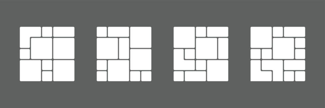 Vector collage for photos. Picture frame. Vector blank in bento grid system. Bento style layout grid templates. Web comics grids, various panel arrangements and different size tiles vector set. EPS 10