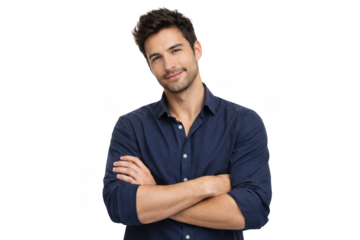 Smiling young man on transparent background, casual blue shirt, arms crossed confident pose, studio portrait cutout for advertising, business and profile design
