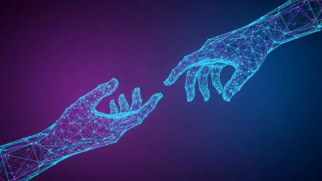 Digital wireframe robot hands touching in creation of adam gesture for AI virtual reality connection