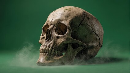 Eerie Skull with Smoke Against Green Backdrop - A Macabre Still Life.