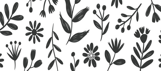 Seamless botanical pattern vector illustration, hand-drawn black floral background with wild flowers, leaves, and berries © MdMajnur