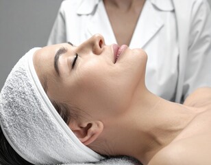 Woman receiving facial treatment with eyes closed, wearing a white headband