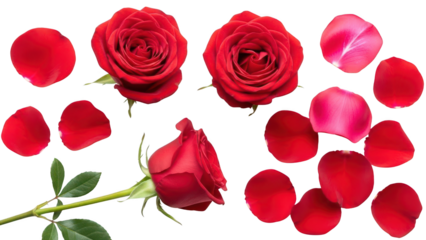 Assortment of red roses and petals on transparent background