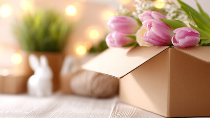 white Easter bunny in a box with spring flowers