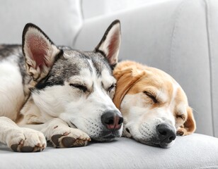 Two dogs sleeping together on a couch