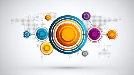 Colorful Abstract Circles with World Map Background for Modern Digital Design and Creative Graphics Concepts