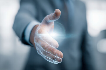 Businessperson extending a digital handshake composed of holographic wireframe technology symbolizing virtual connection and modern collaboration concepts