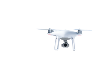 A white drone on a black background, with its camera pointed forward