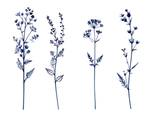 Artistic depiction of four stylized, dark blue flower stems against a black background