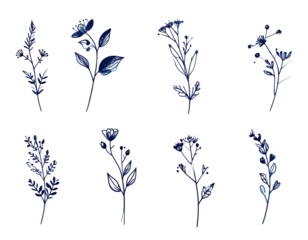 Eight stylized botanical illustrations, dark navy on black, depicting elegant sprigs and delicate blooms