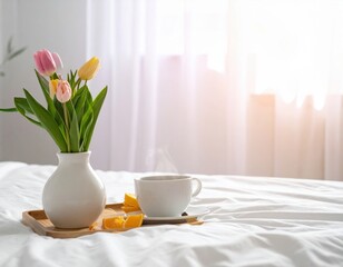 Morning coffee and tulips on a white bed with soft sunlight streaming through the window