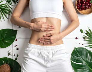 Woman's toned abdomen with hands gently placed, surrounded by tropical leaves and cherries