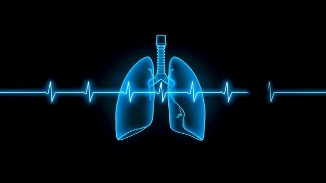 Transparent blue human lungs centered on a black background with a glowing heartbeat waveform