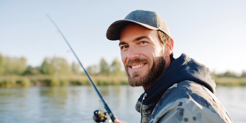 Man is fishing in a lake