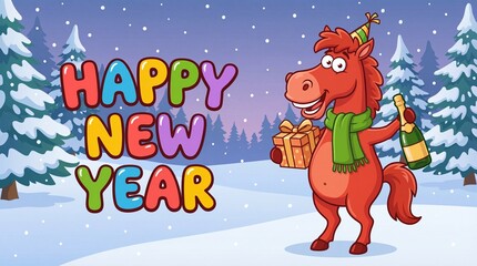 Fototapeta premium Funny red cartoon horse in a festive mood standing upright while holding a present and champagne with inscription “Happy New Year” against a snowy forest background with copy space