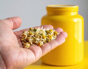 Close up of a Hand Holding Dried Chamomile Flowers in Front of a Yellow Jar on a Yellow Surface With a White Background and Natural Lighting