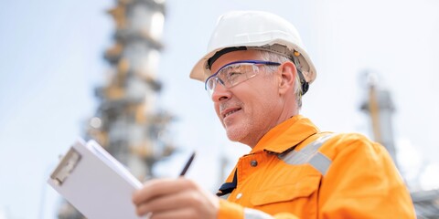 Man wearing a hard hat and orange jacket is writing on a clipboard