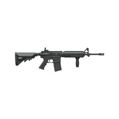 An isolated black automatic M4 assault rifle military weapon with a metal barrel for army shooting, depicted as a vector illustration object on a white background