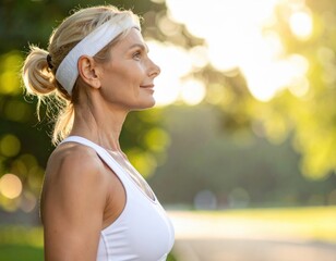 Mature woman with blonde hair and headband smiles while looking into the distance outdoors