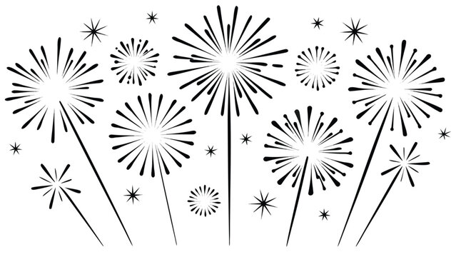 Fireworks black and white simple modern line art flat vector icons isolated on white background, Celebration banner elements design for Christmas, New year, Holiday, Anniversary, Party, Diwali