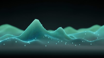 Abstract digital landscape with flowing waves of turquoise and green colors, showcasing a smooth surface filled with glowing particles in a dark background