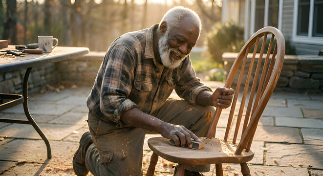Happy senior African American man smiling while sanding a wooden chair in his backyard workshop during sunset. Authentic retirement hobby and skilled craftsmanship concept. - Powered by Adobe