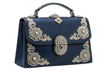 Luxury Navy Blue Leather Handbag with Silver Floral Embroidery and Ornate Clasp Isolated on White Background Stock Photo