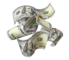 Flying hundred dollar banknotes, isolated on transparent cutout background