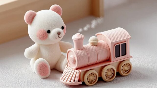 Cute teddy bear and locomotive. Kids toys collection. Teddy bear, wood toys, wooden educational baby toys on light background
