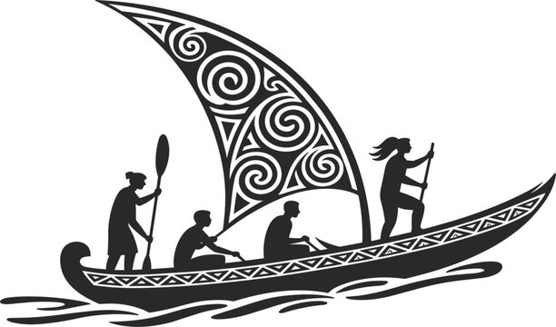 Traditional tribal sailing boat vector illustration, silhouette of ancient outrigger canoe with patterned sail and crew paddling