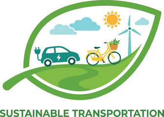 Sustainable transportation concept with electric car and bicycle inside green leaf showing wind turbine and sun representing eco friendly travel and clean energy.