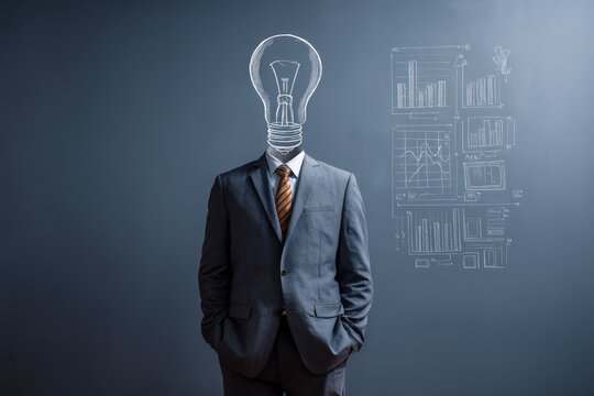 Businessman with creative light bulb head and data charts on a dark background - Powered by Adobe