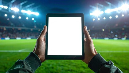 Tablet with a blank screen inside a football stadium. Concept of sports technology, live analytics, coaching, and professional digital tools