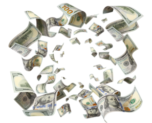 Flying hundred dollar banknotes, isolated on transparent cutout background