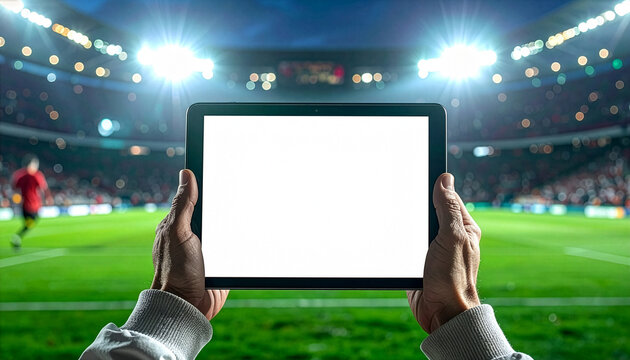 Tablet with a blank screen inside a football stadium. Concept of sports technology, live analytics, coaching, and professional digital tools