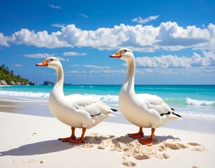 Obraz premium Two white geese on a sunny beach