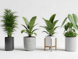Obraz premium Four Different Potted Plants in Various Containers on White Background indoor plants 1