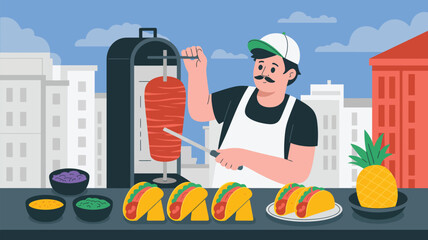 Mexican taco vendor preparing tacos al pastor at urban street stall, modern flat vector illustration for Latin food, street cuisine, and culinary culture projects.