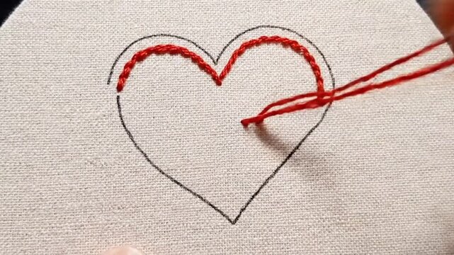 Embroidery of a heart shape being stitched with red thread on white fabric
