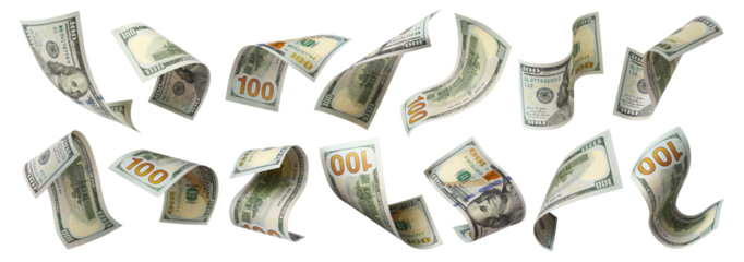 Set of flying 100 dollars banknotes, isolated on transparent cutout background