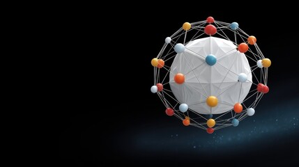 Abstract representation of molecular structure featuring spheres connected by lines, showcasing scientific elegance and modern technology against black background