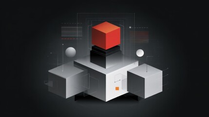 Abstract geometric design featuring a red block on top of three white and gray blocks set against a dark background with digital elements and patterns