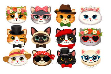 Fototapeta premium Collection of Cute Cartoon Cats with Accessories