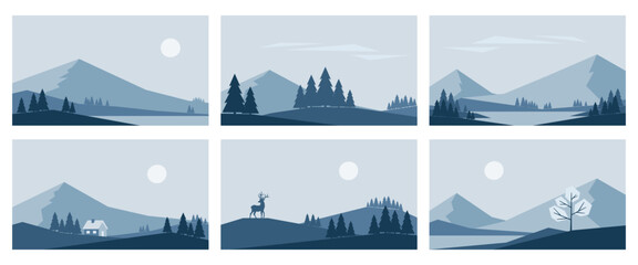 Minimalistic winter mountains landscapes set. Vector illustrations in blue colors