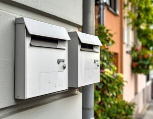 Two white mailboxes on a light gray building